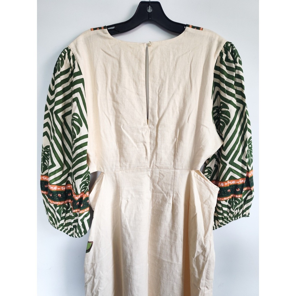 New Farm Rio Maxi Dress Large Palm Linen Blend V-Neck Cutout Puff Sleeve NWT - Picture 7 of 12